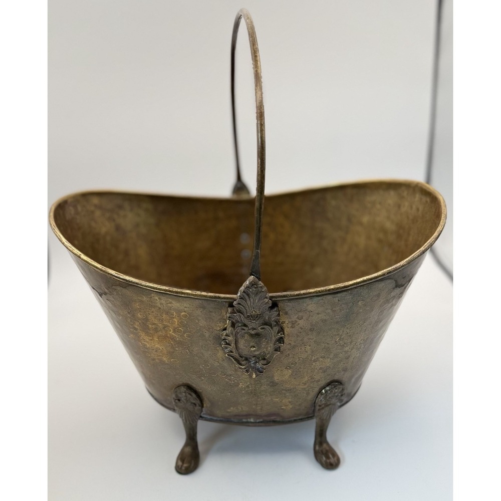 Vintage Hammered Brass Copper Footed Coal Scuttle Bucket India 1980s #10613